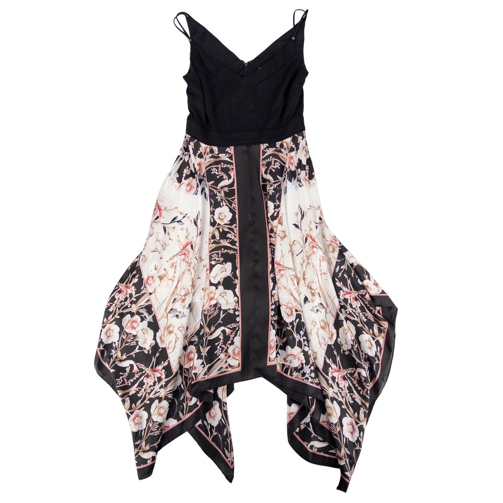 WHBM Dress 4 Black Floral Handkerchief Hem Midi V Neck Feminine Chic Party